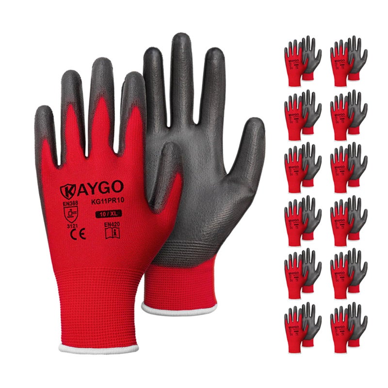 KAYGO Safety Work Gloves PU Coated for Men and Women, 12 Pairs KG11P Seamless Knit Glove with Polyurethane Coated Smooth Grip on Palm and Fingers, Ideal for General Duty Work (XL, Red) - Image 1
